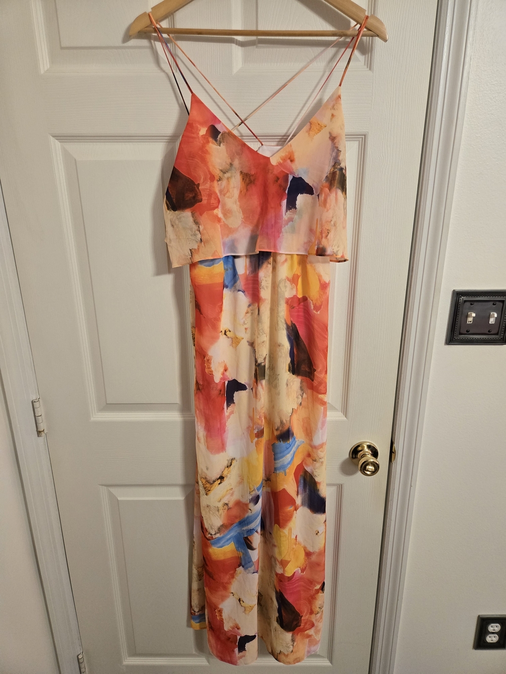 H&M Red And Yellow Watercolor Spaghetti-Strap Summer Maxi Dress Size 8